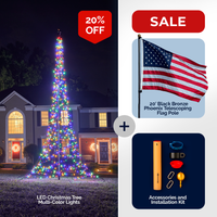 Thumbnail for 20' bronze Phoenix Flag Pole Christmas tree kit with multi-color LED lights and installation accessories.