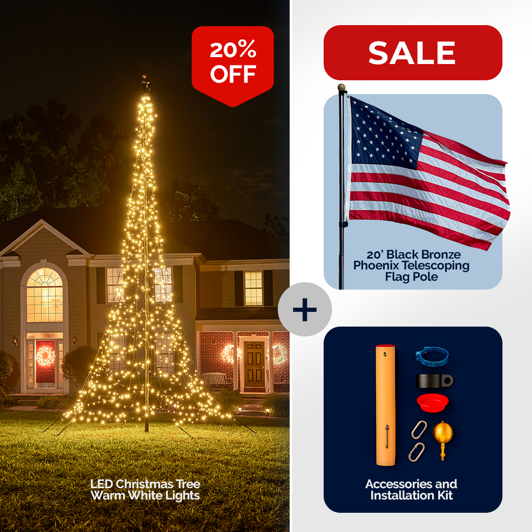20' Phoenix Flag Pole Christmas Tree Kit with warm white LED lights and installation accessories by Atlantic Flagpole.