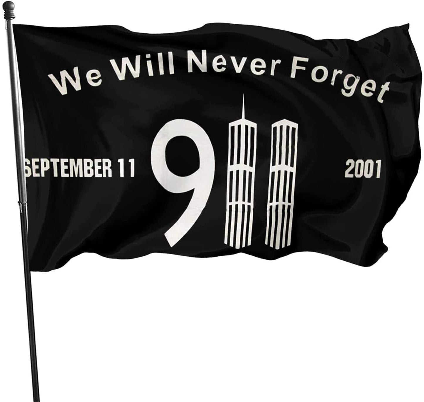 Black commemorative flag featuring "We Will Never Forget 9/11" and twin towers, 3FT x 5FT by Atlantic Flagpole.