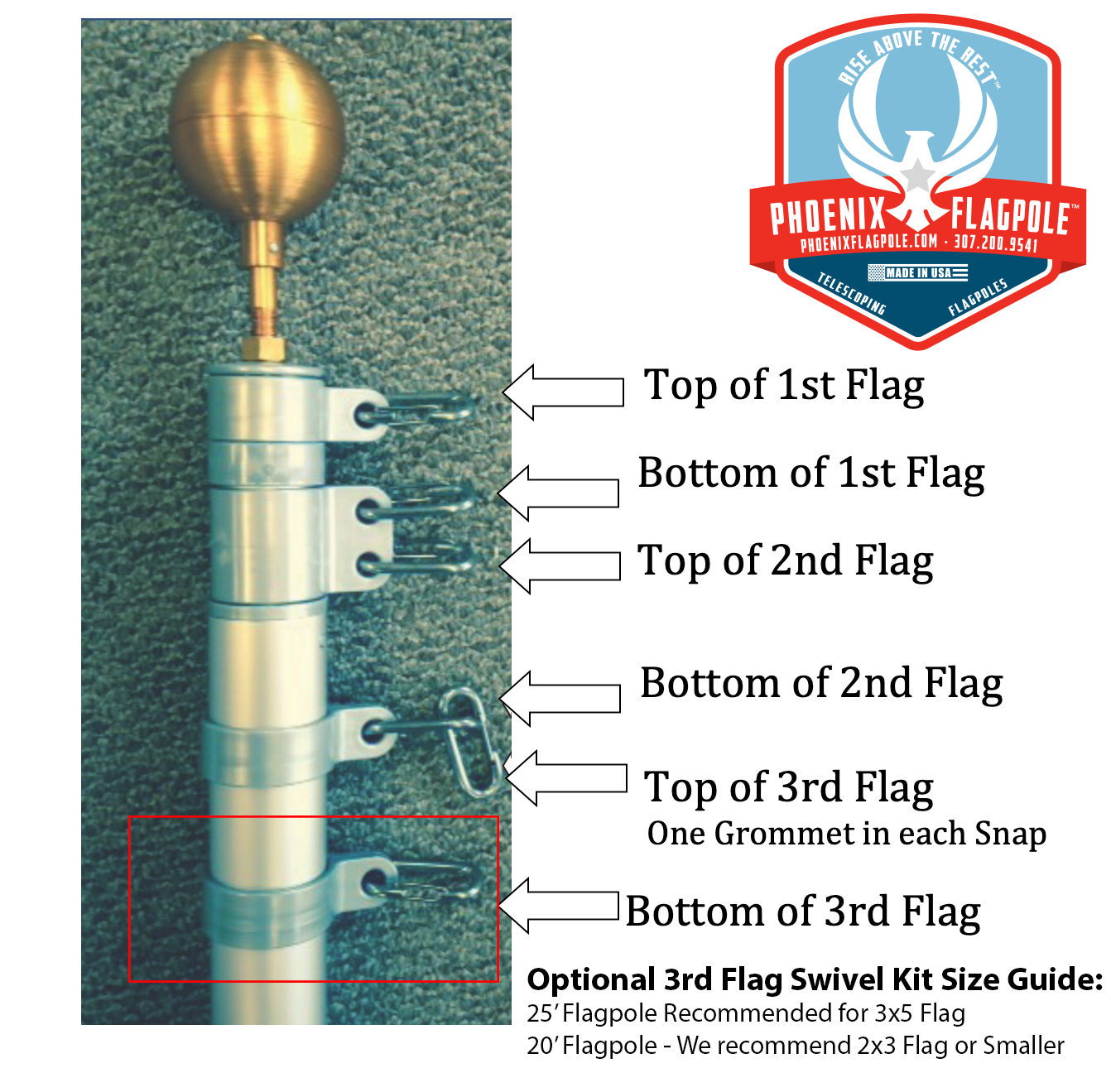 Third Flag Attachment Swivel Kit for 25ft telescoping flagpoles in black bronze by Atlantic Flag & Pole Inc.