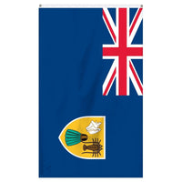 Thumbnail for Turks and Caicos National Flag for sale to buy online from Atlantic Flag and Pole. Navy blue flag with great Britain cross along with a golden shield with images on it.