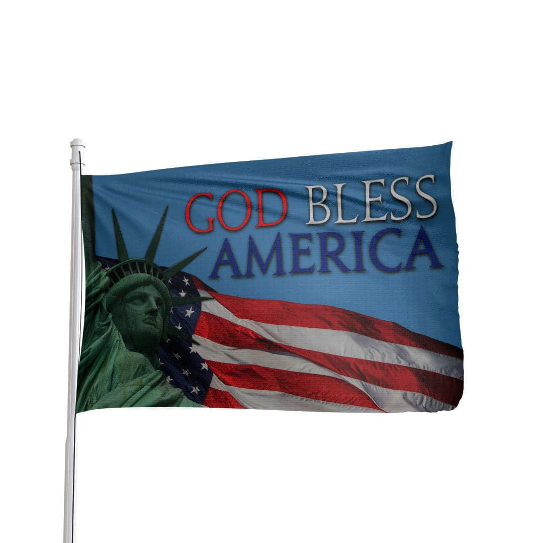Flag featuring the Statue of Liberty with "God Bless America" text, set against a blue background and American flag design.