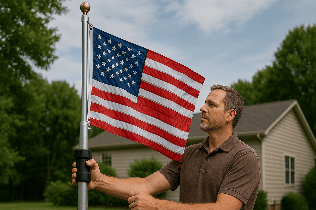 Man standing outside during the day by his house on his front lawn holding his silver telescoping flag pole