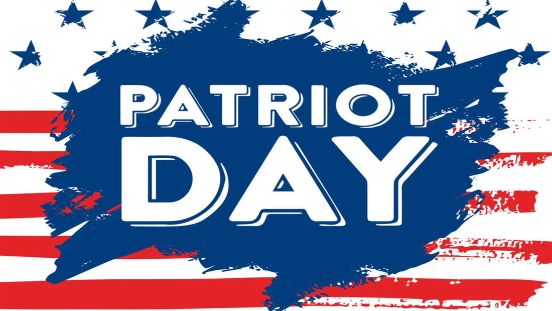 Bold blue text reading "PATRIOT DAY" over a splattered background with red and white stripes and stars, symbolizing American freedom.