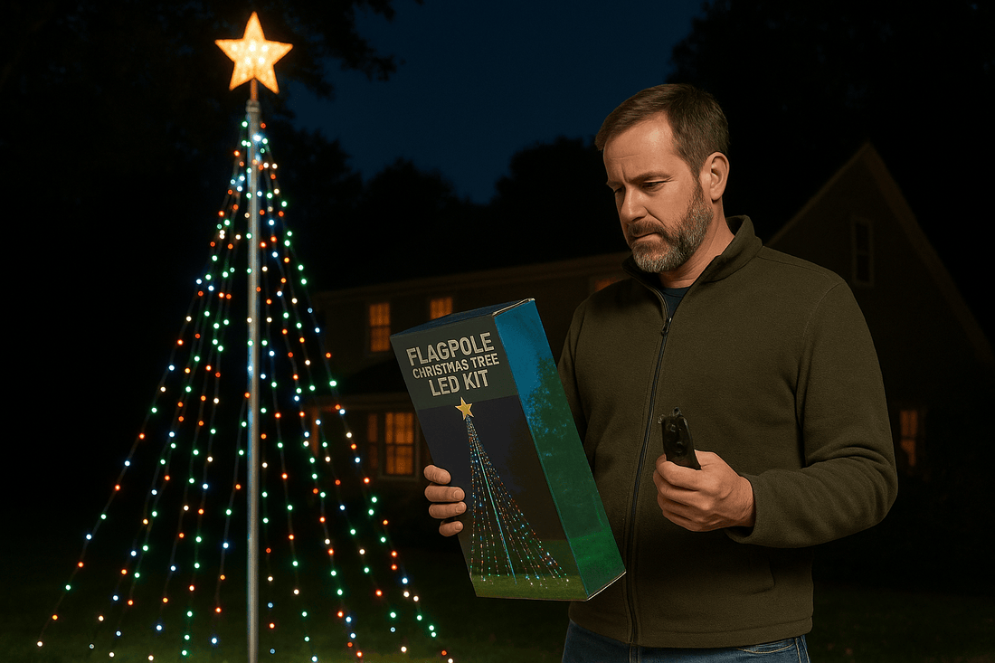 Man looking at box and installing his Flagpole led christmas tree kit