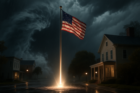 A heavy-duty telescoping flagpole with the American flag stands tall and illuminated by a spotlight, remaining resilient against a powerful hurricane hitting a classic American town at night.
