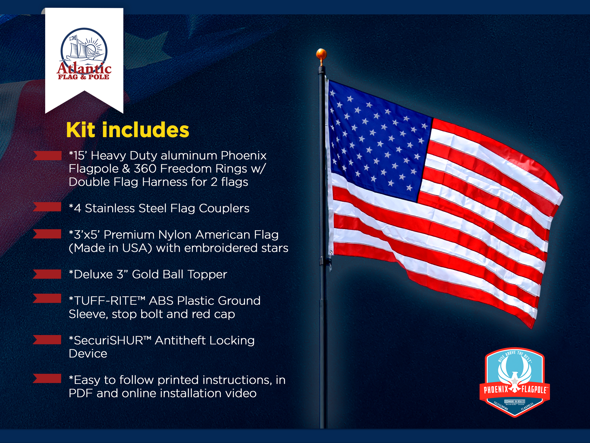 Silver telescoping flagpole bundle for Veteran's Day by Atlantic Flagpole, 15ft height, includes flag and hardware.