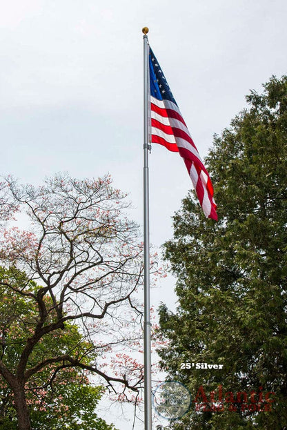 Silver telescoping flagpole with American flag, Securi-Shur anti-theft locking clamp by Atlantic Flag and Pole Inc.