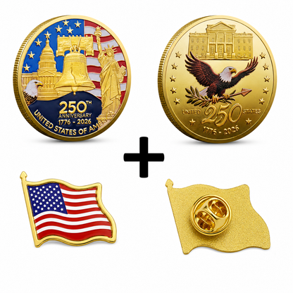 America 250 Coin + American Flag Lapel Pin Bundle