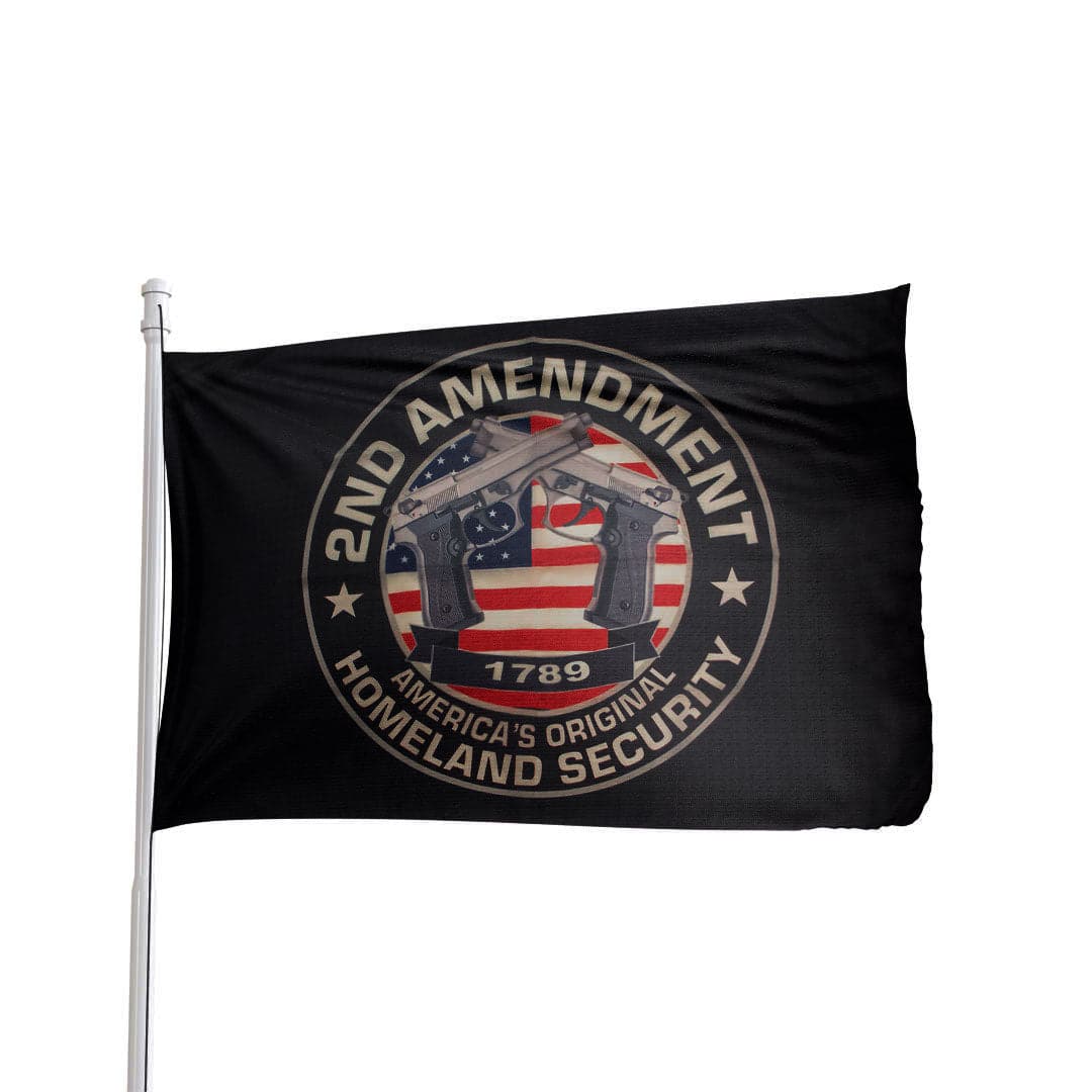 Red and white 3x5 polyester flag featuring 'Second Amendment America's Original Homeland Security 1789' text by Flag Source