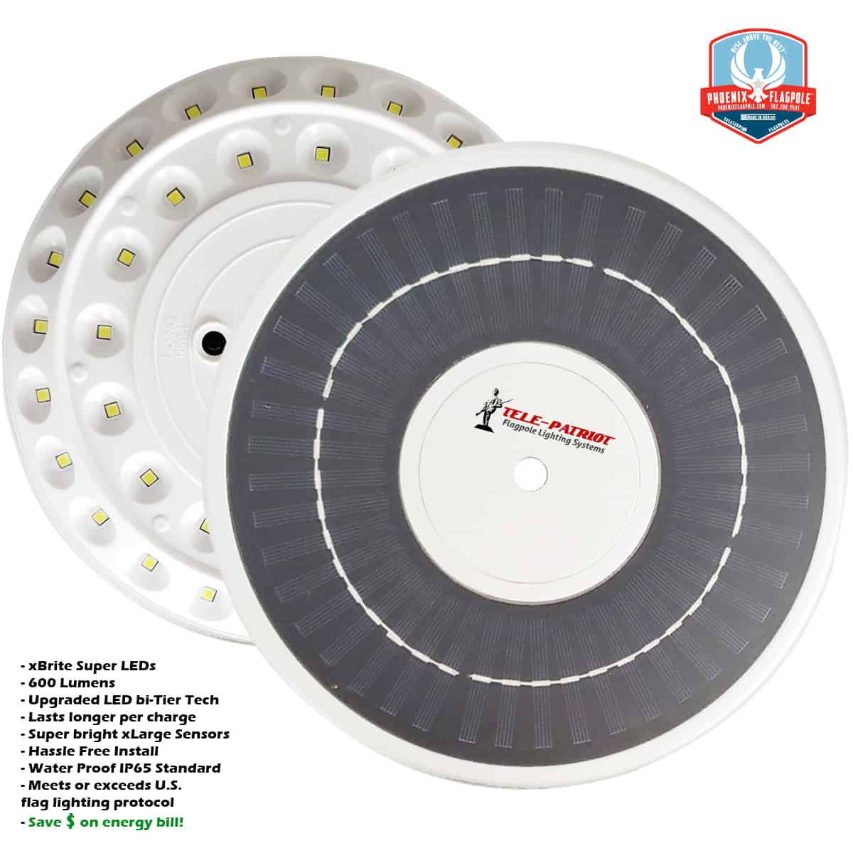 Atlantic Flagpole TelePatriot 600 Series solar light, 600 lumens, IP65, with durable ABS material and 4400mAh battery