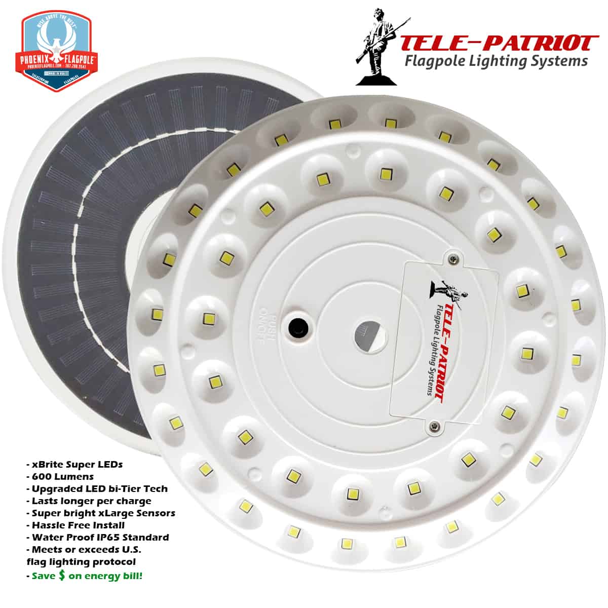 Atlantic Flagpole TelePatriot 600 Series solar light with 600 lumens for 360-degree illumination, durable ABS material