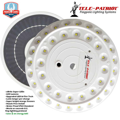 Atlantic Flagpole TelePatriot 600 Series solar light with 600 lumens for 360-degree illumination, durable ABS material