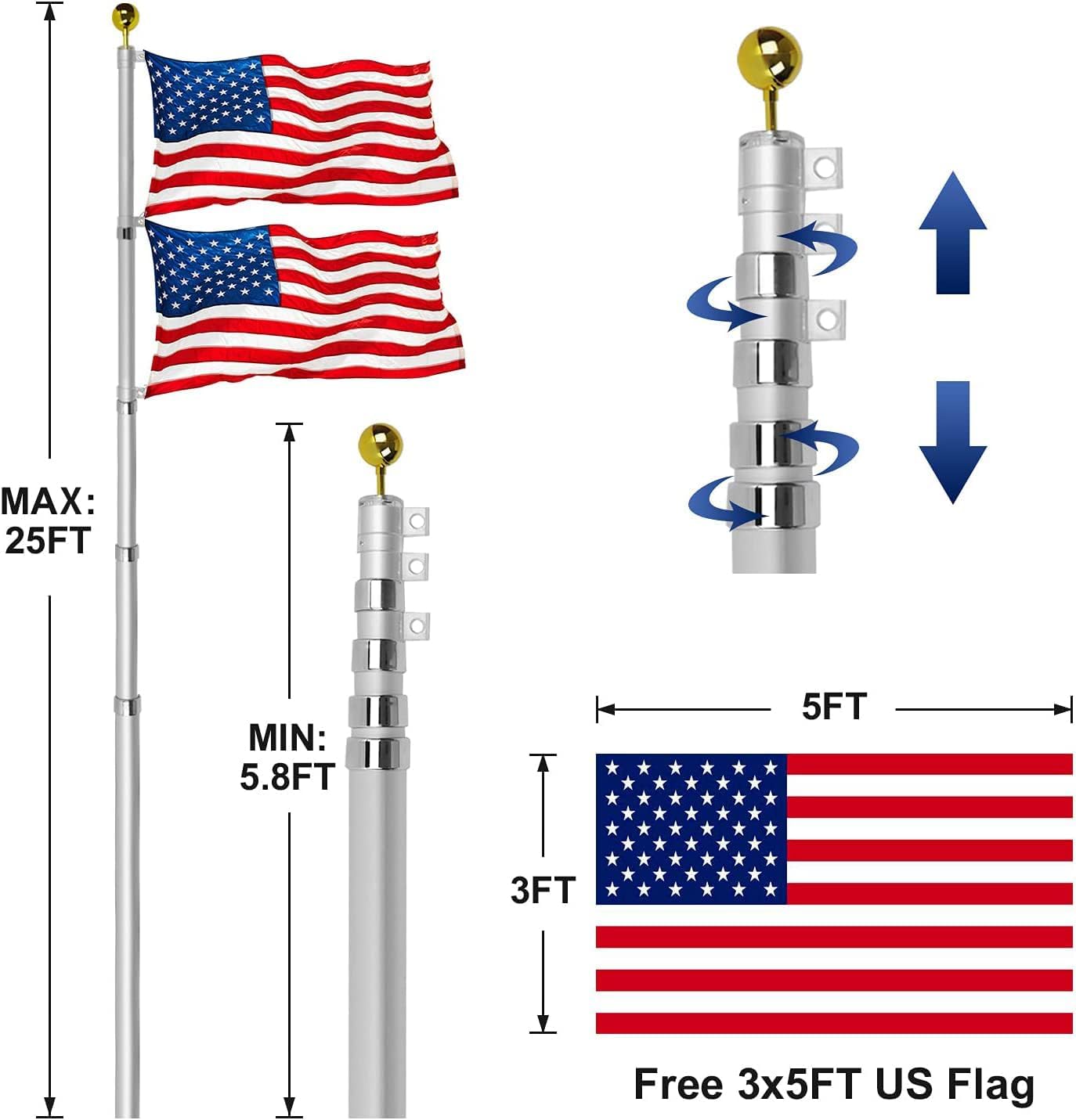 Heavy duty silver flagpole by Atlantic Flagpole, adjustable from 5.8FT to 25FT, includes two American flags.