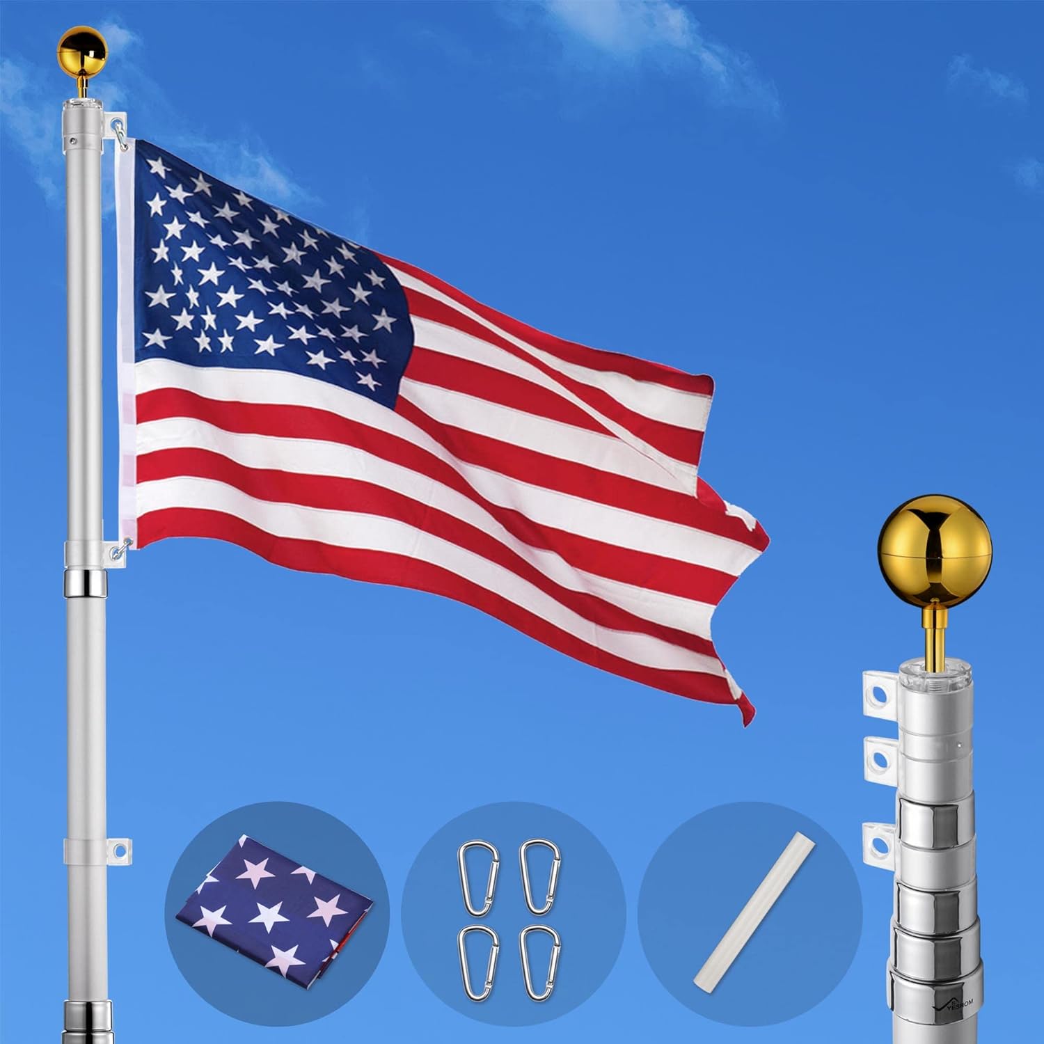 Heavy duty silver American flag display pole with gold ball finial and accessories by Atlantic Flagpole.