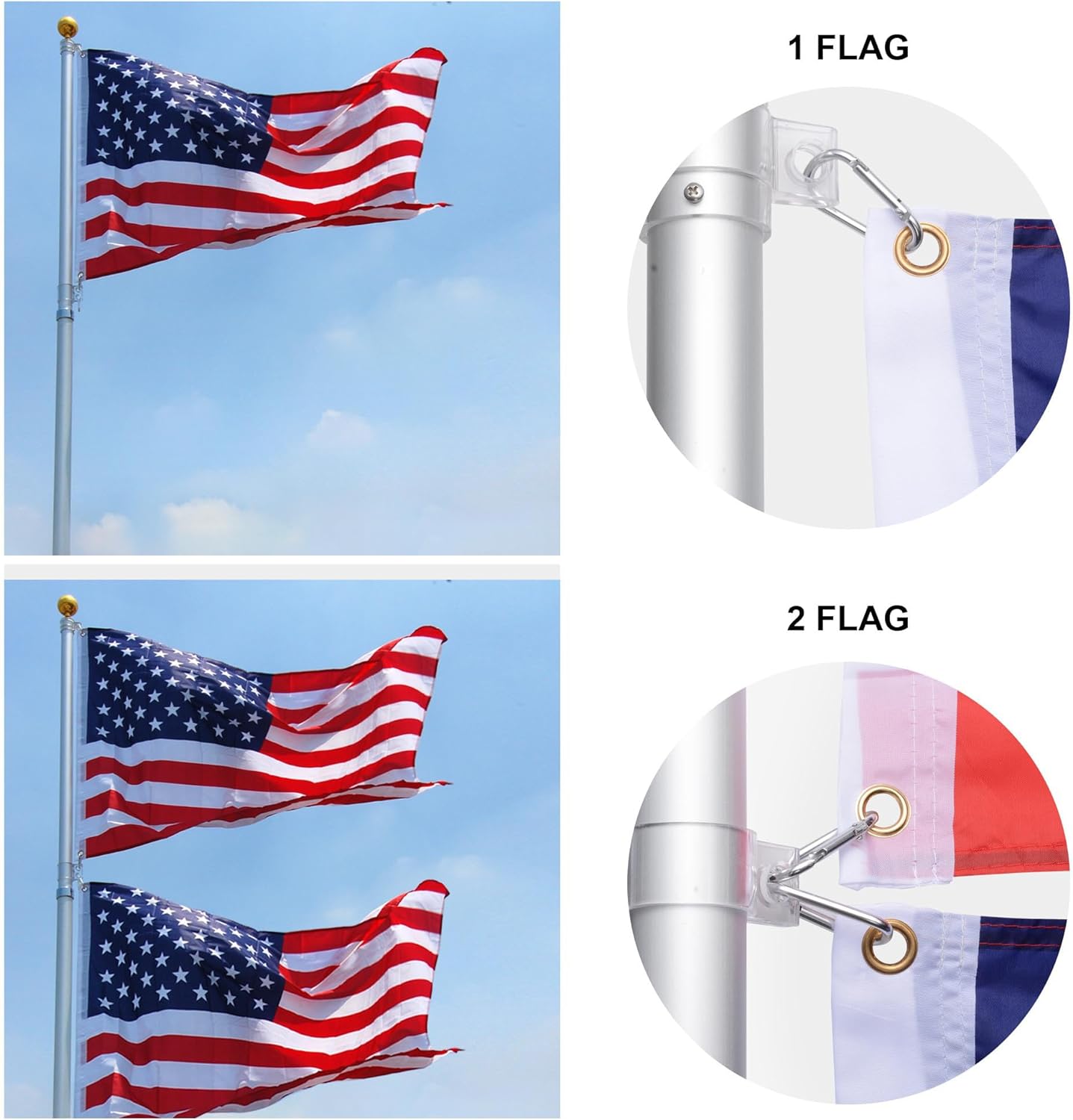 Heavy duty silver flagpole for American flag display with dual flag options and sturdy construction by Atlantic Flagpole.