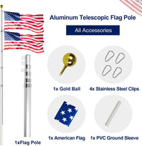 Thumbnail for Heavy duty telescopic silver flagpole with gold ball top and stainless steel clips, includes American flag and PVC ground sl