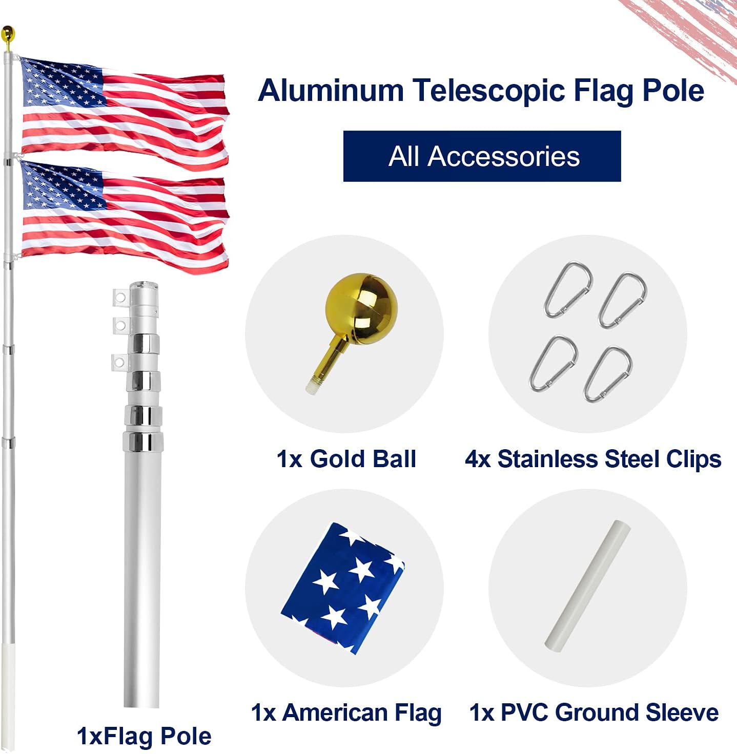 Heavy duty telescopic silver flagpole with gold ball top and stainless steel clips, includes American flag and PVC ground sl
