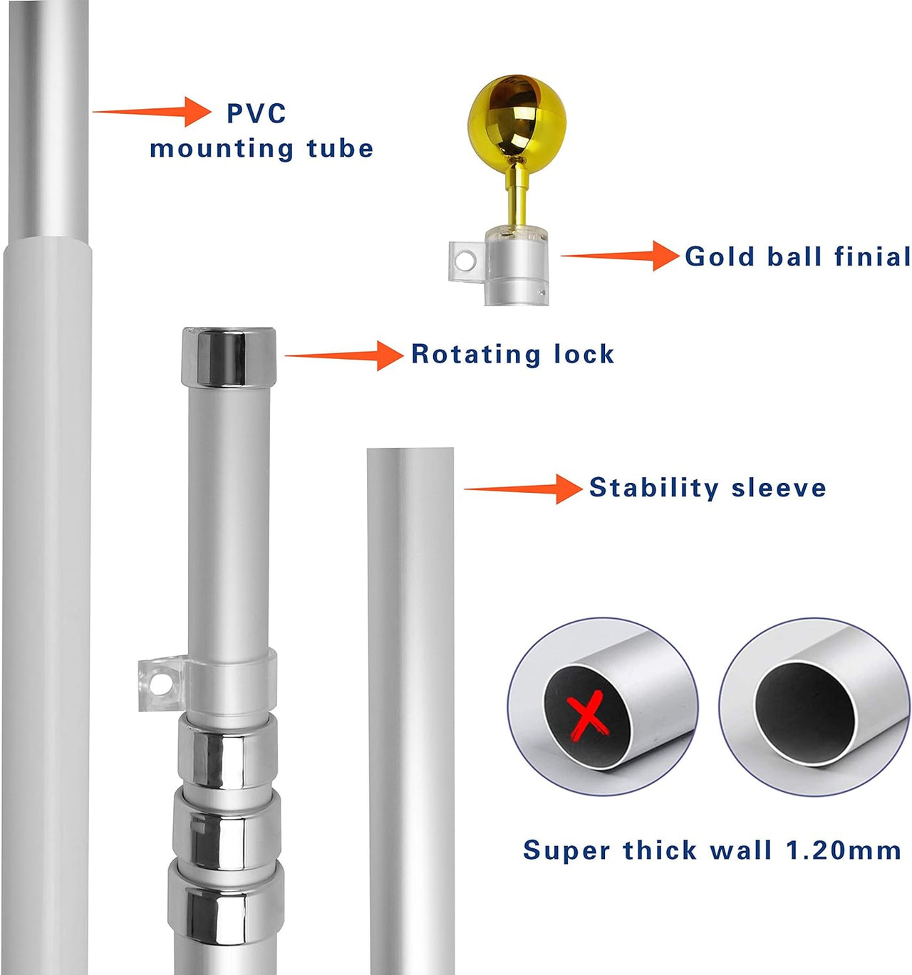 Heavy-duty silver flag display pole by Atlantic Flagpole with gold ball finial, rotating lock, and stability sleeve.