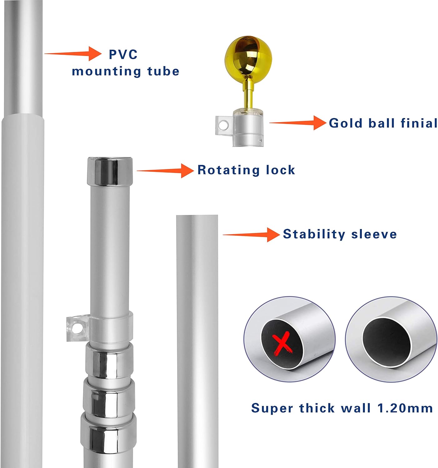 Heavy-duty silver flag display pole by Atlantic Flagpole with gold ball finial, rotating lock, and stability sleeve.