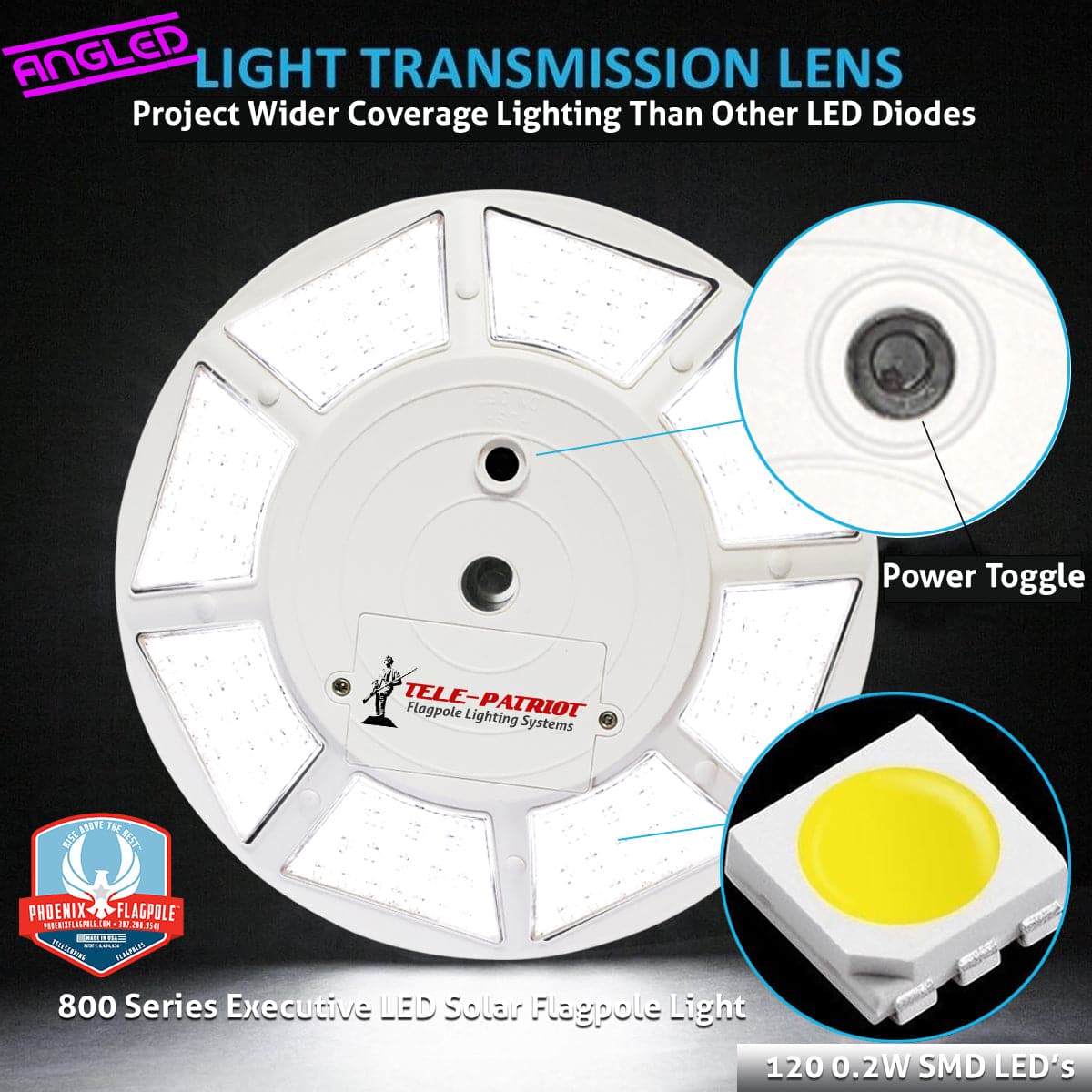 Atlantic Flagpole TelePatriot 800 Series solar flagpole light with 200 LEDs, waterproof design in black