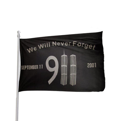 We Will Never Forget 9/11 commemorative black flag, 3FT x 5FT, featuring the Twin Towers and memorial text, by Atlantic Flag