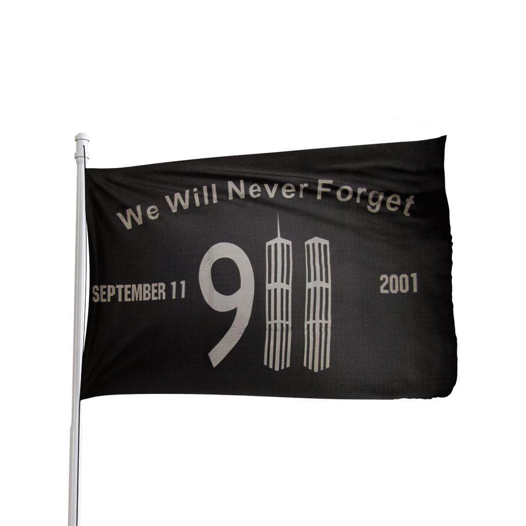Black commemorative flag featuring "We Will Never Forget" and September 11, 2001, by Atlantic Flagpole, 3FT x 5FT.