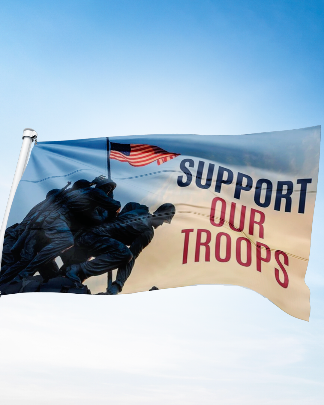 3x5 Support Our Troops flag featuring soldiers planting an American flag, by Flag Source