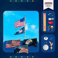 Thumbnail for 20' black bronze flagpole kit with American and Support Our Troops flags, solar light, eagle topper, and accessories