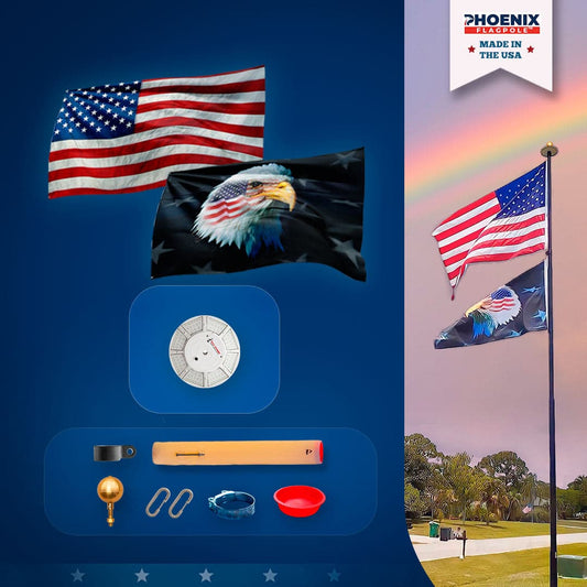 Phoenix Flagpole Patriot Kit with American flags, eagle flag, hardware, and solar light in black bronze finish.