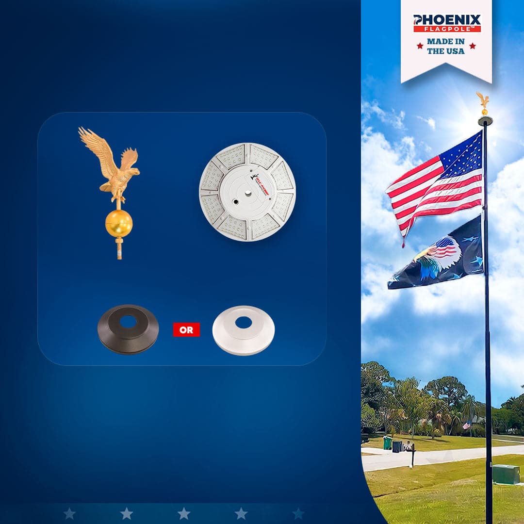 Gold eagle topper, black bronze or silver flash collar, solar light for flagpole by Atlantic Flagpole