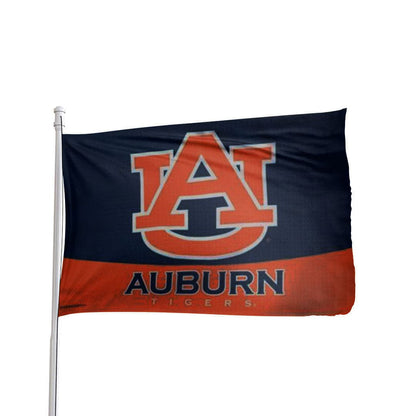 Premium 3x5 NCAA flag featuring Auburn Tigers logo on vibrant orange and blue background by Atlantic Flag & Pole Inc.