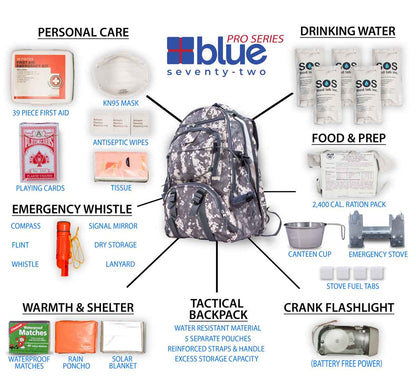 Blue 72-hour survival kit by Blue Coolers with essential emergency gear and a battery-free flashlight