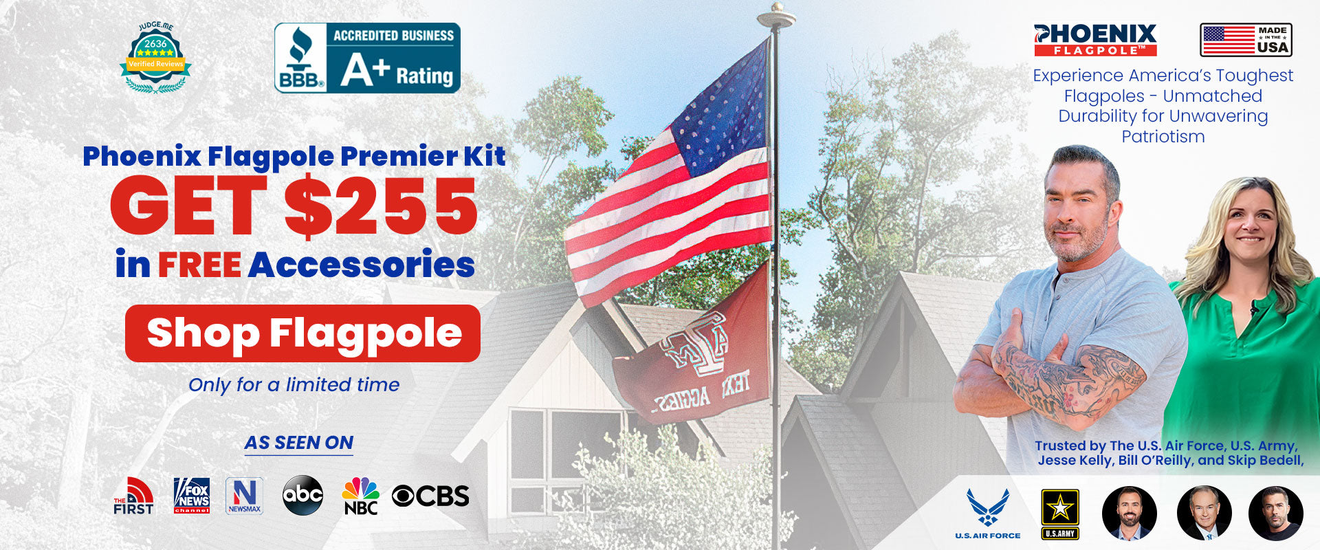 Promotional banner for Phoenix Flagpole with American flag, house, and people, featuring text about a discount offer.