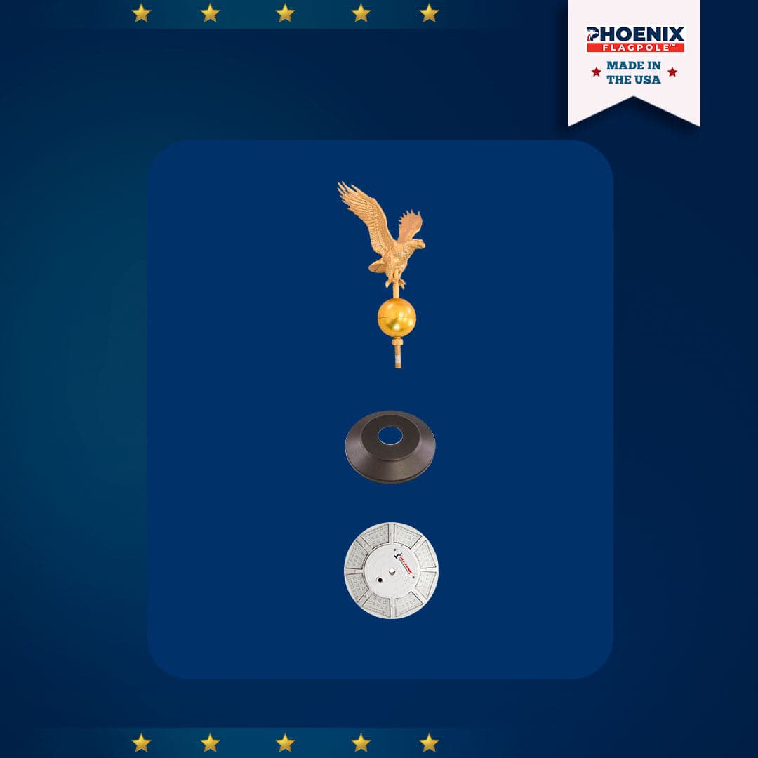 Gold eagle flagpole topper with black bronze flash collar and solar light by Atlantic Flagpole.