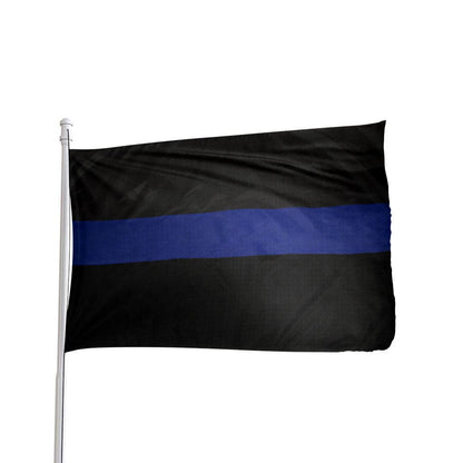 Black thin blue line flag by Atlantic Flag & Pole Inc., featuring a bold blue stripe on a solid black background.