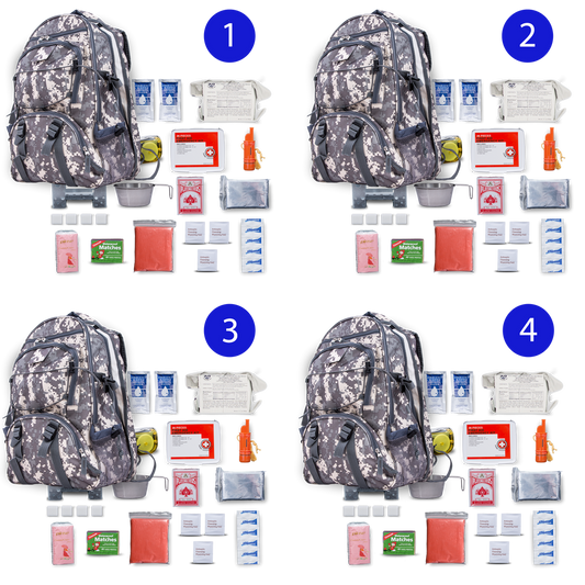 Blue 72-hour survival kit for four with essential emergency supplies