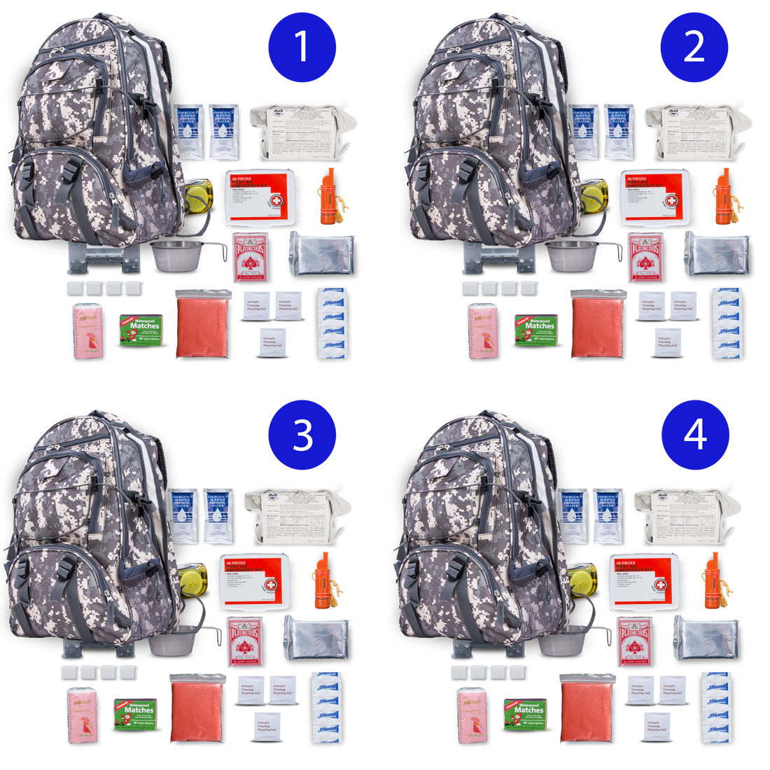 Blue Seventy-Two PRO SERIES camouflage 72-hour emergency kit for 4 people, includes survival supplies and gear.