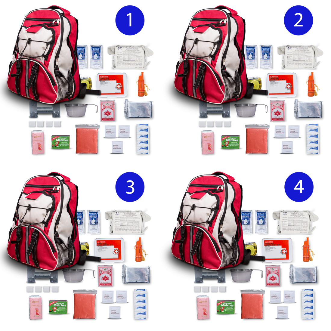 Blue 72-hour family survival kit with essentials for four people, featuring durable pack design by Blue Coolers