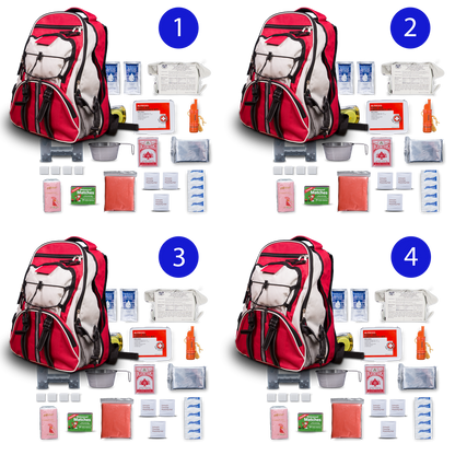 Blue 72-hour family survival kit with essentials for four people, featuring durable pack design by Blue Coolers