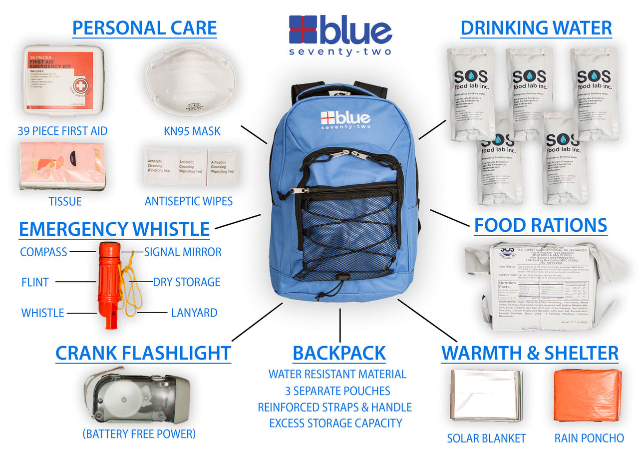 Blue Seventy-Two 4-person emergency kit with survival gear for 72-hour disaster preparedness
