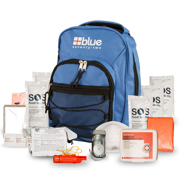Blue Seventy-Two 4-person emergency kit with survival gear for 72 hours, packed in a durable, waterproof bag.