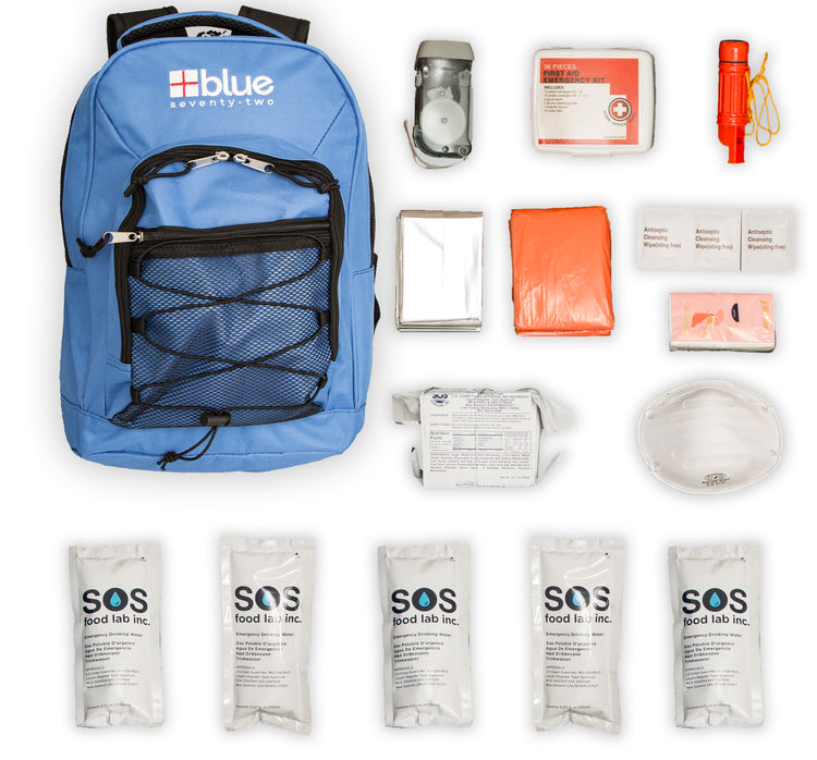 Blue 72-hour emergency survival kit with essential supplies and a crank flashlight from Blue Coolers
