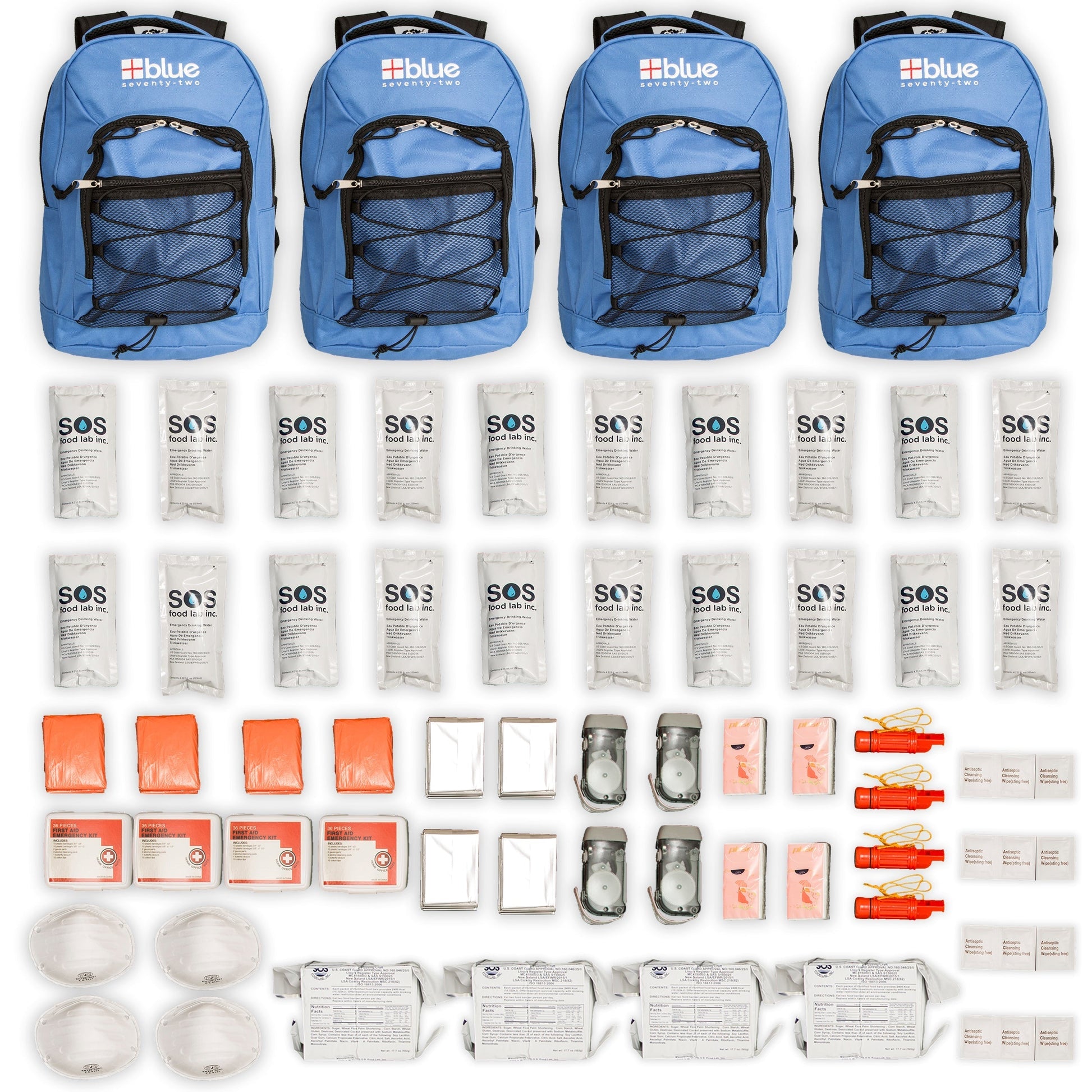 Blue 72-hour emergency kit for 4 people with survival essentials, branded by Blue Coolers