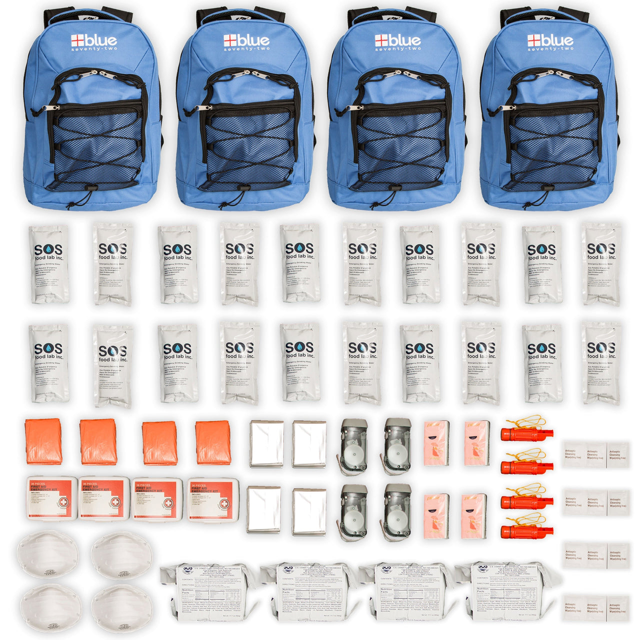 Blue 72-hour emergency kit for 4 people, includes food, water, and survival supplies, from Blue Coolers