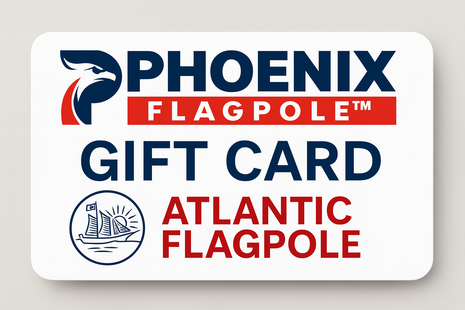 Atlantic Flagpole gift card with blue and red design, featuring nautical imagery and available in multiple denominations.