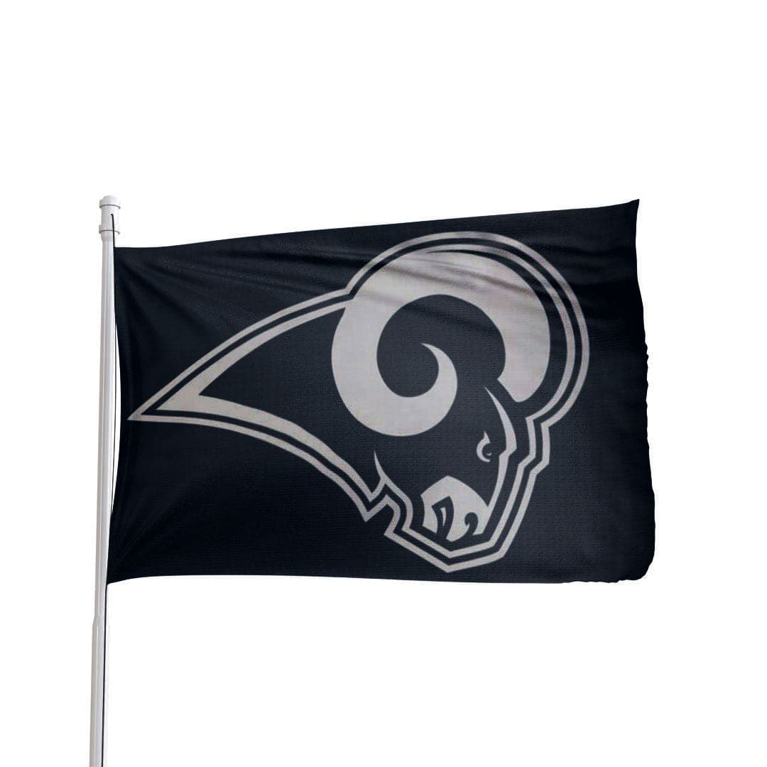 Los Angeles Rams blue flag with team logo and text, made by Atlantic Flag & Pole Inc.
