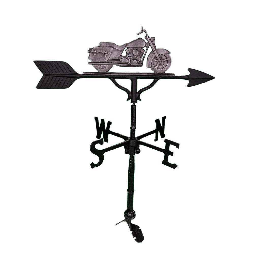 sweedish iron color motorcycle on top of a black weathervane
