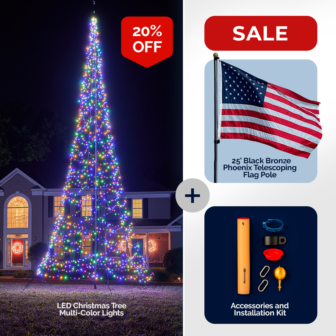 Phoenix Flag Pole Christmas Tree Kit with multi-color LED lights, 25' black bronze pole, and accessories by Atlantic Flagpol