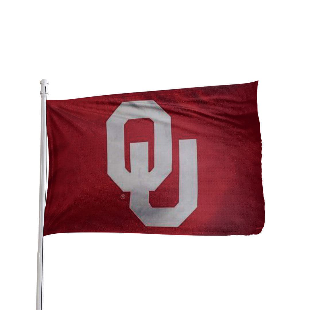 Oklahoma Sooners 3x5 premium flag in crimson and cream, featuring NCAA team branding by Atlantic Flag & Pole Inc.